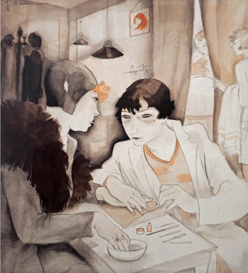 Zwei Frauen in Salon, eine bekommt Maniküre; dezente Aquarellfarben, weitere Figuren im Hintergrund
